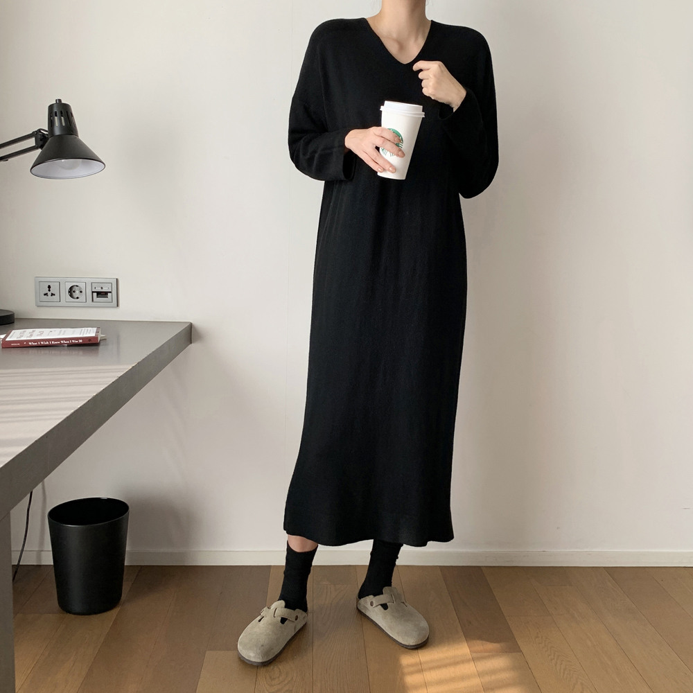 부드러운 루즈핏 H라인 브이넥 롱 니트원피스 여성 가을 원피스 빅사이즈 원피스 데일리룩