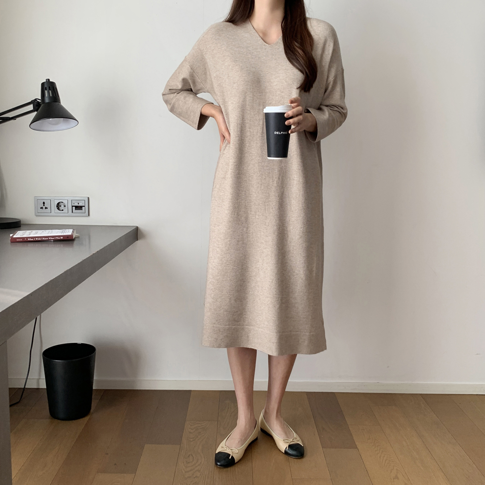 부드러운 루즈핏 H라인 브이넥 롱 니트원피스 여성 가을 원피스 빅사이즈 원피스 데일리룩