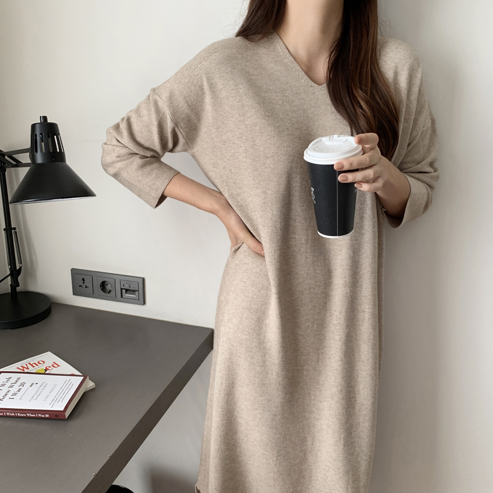 부드러운 루즈핏 H라인 브이넥 롱 니트원피스 여성 가을 원피스 빅사이즈 원피스 데일리룩