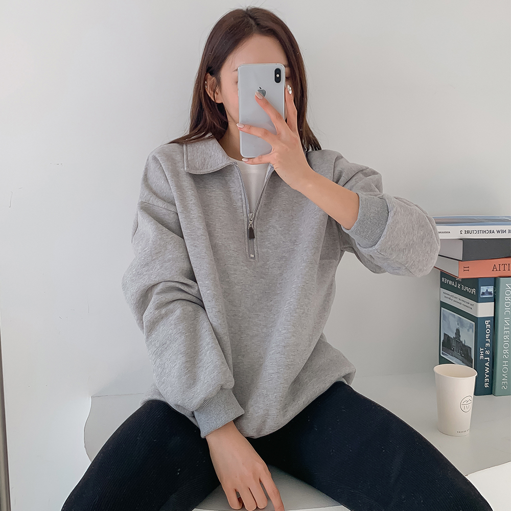 여성 맨투맨 기모 반집업맨투맨 하프집업 무지 티셔츠 카라 티 오버핏 여자 - 상세 이미지 2