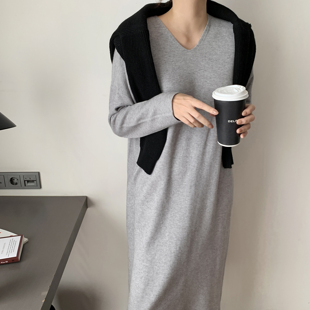 부드러운 루즈핏 H라인 브이넥 롱 니트원피스 여성 가을 원피스 빅사이즈 원피스 데일리룩