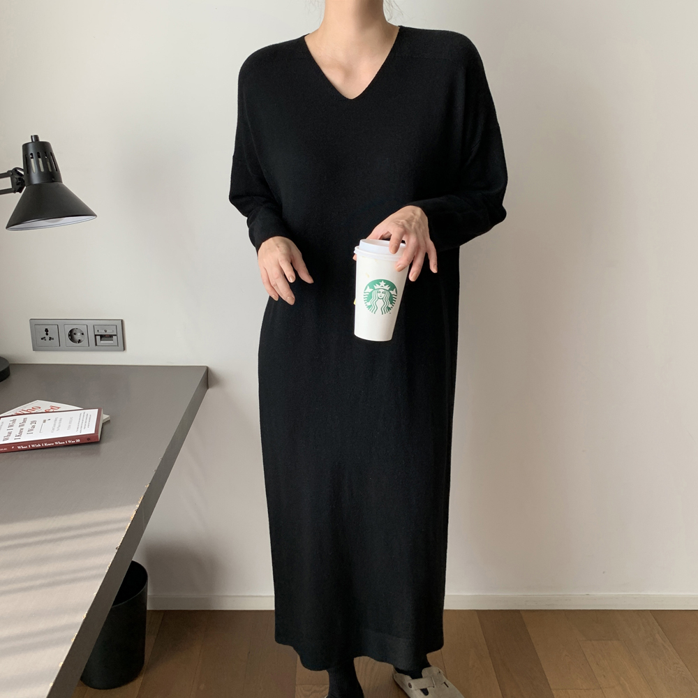 부드러운 루즈핏 H라인 브이넥 롱 니트원피스 여성 가을 원피스 빅사이즈 원피스 데일리룩