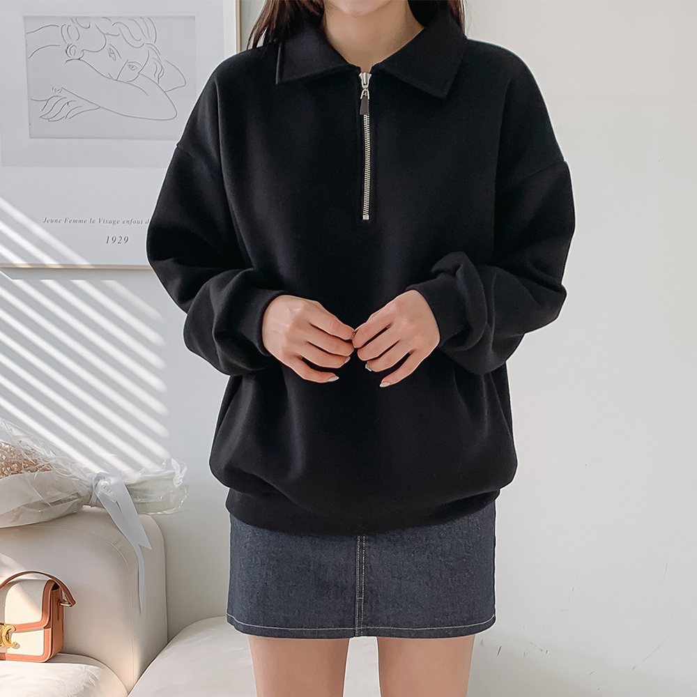 여성 맨투맨 기모 반집업맨투맨 하프집업 무지 티셔츠 카라 티 오버핏 여자 - 상세 이미지 3