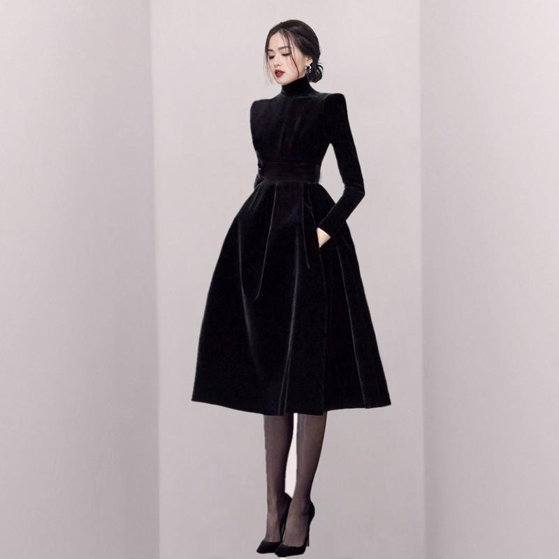 햅번 드레스 레트로 복고풍 골드 벨벳 파티룩 원피스 - 상품 이미지