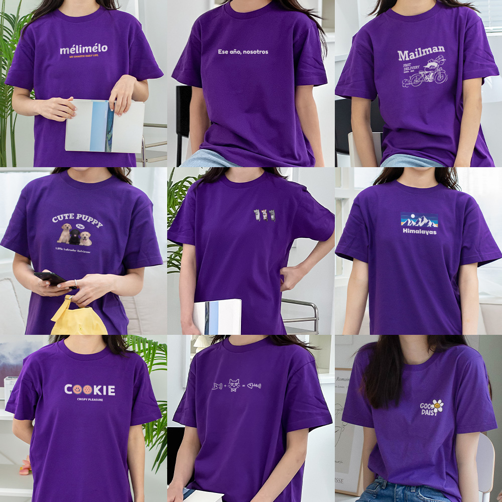 보라색 티셔츠 여성 이너 코튼 반팔티 20수