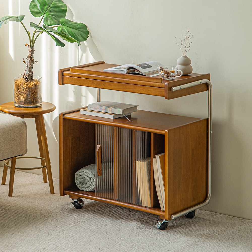 룬드 빈티지 원목 이동식 트롤리 수납 협탁 사이드테이블