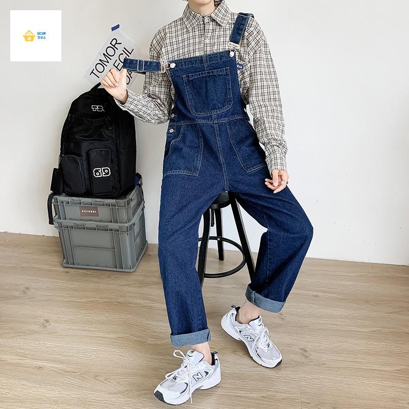 바지 남성멜빵청바지 데님 롤업 일체형옷 스트레이트 오버롤 - 상품 이미지