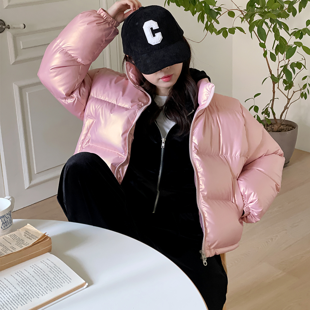 글로시 유광숏패딩 여성 크롭 블랙숏패딩 핑크 실버 - 상세 이미지 3