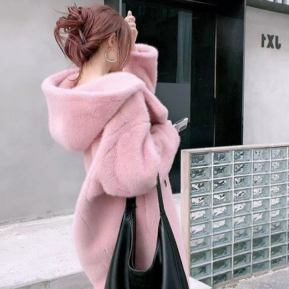 빅 카라 털코트 밍크 퍼 후드 자켓 코트 페이크퍼 에코퍼 연말 파티 이미지