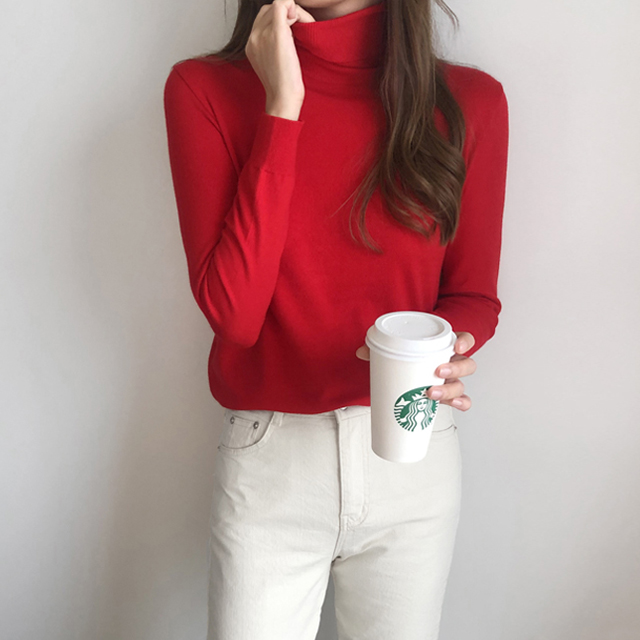 부드러운 루즈핏 캐시미어 니트 가을 겨울 목폴라 여자니트티 폴라티 스웨터 아이보리 레드