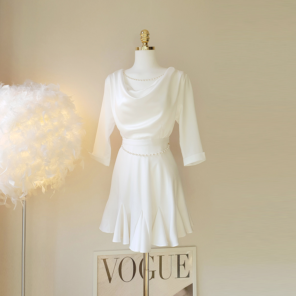 탈부착 진주 체인 새틴 블라우스+스커트 투피스 세트 - 상세 이미지 3