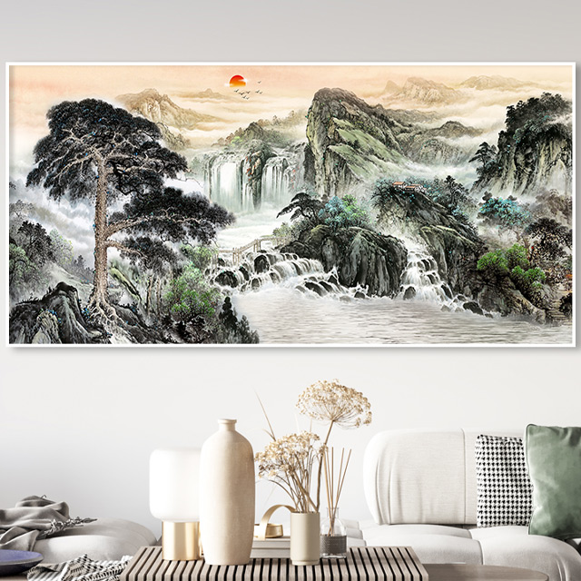 배산임수 산수화 와이드 돈들어오는 풍수 인테리어 그림 거실 대형 액자 개업선물 - 상세 이미지 2