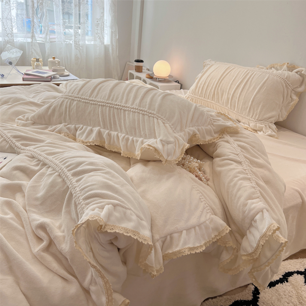 셔링 프릴 이불 세트 극세사 담요 퀸 킹 침구