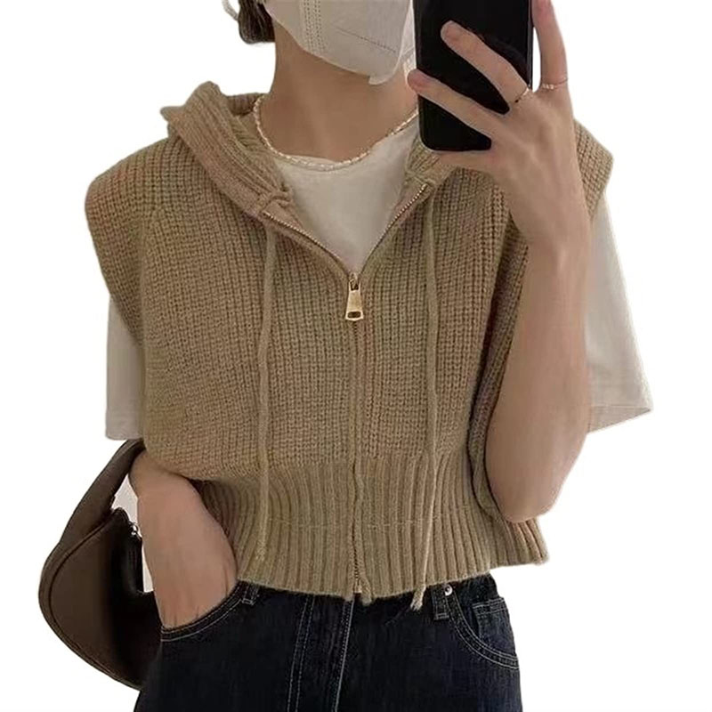 후드 니트조끼 여성 봄 가을 브이넥 경량 집업 베스트 이미지 3