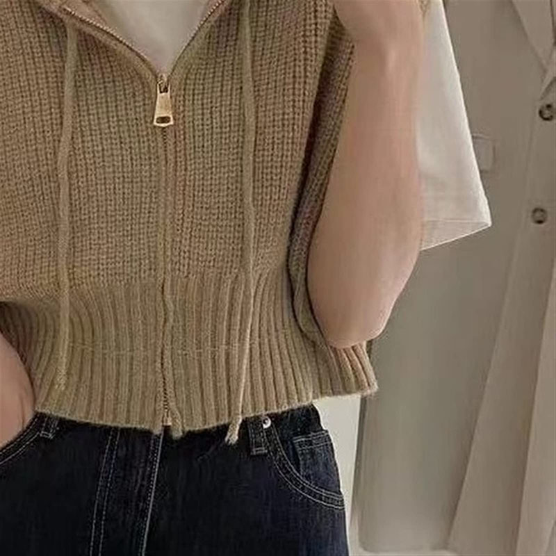 후드 니트조끼 여성 봄 가을 브이넥 경량 집업 베스트 이미지 2