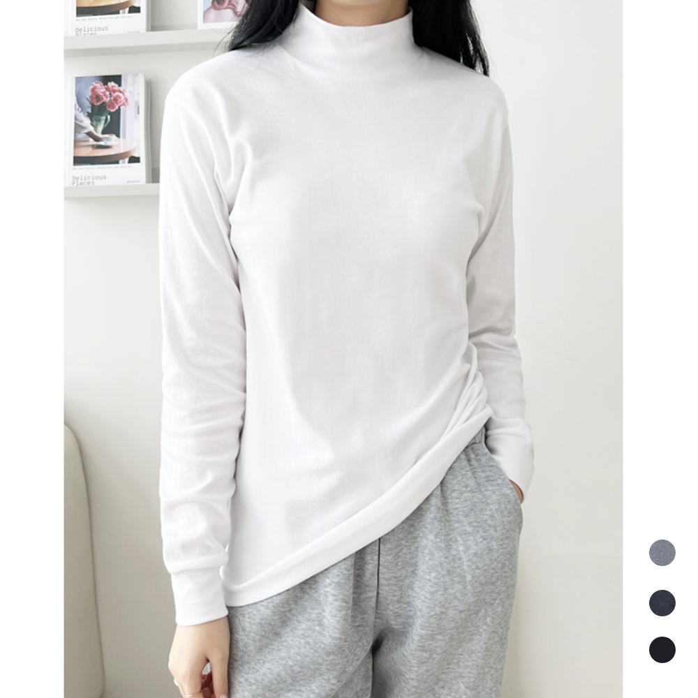 흰색폴라티 목티 하프넥 여성 긴팔 기모 이너 면 반폴라 이미지