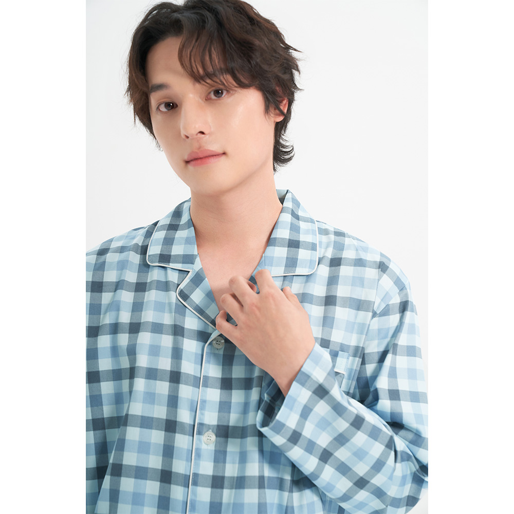 블루체크 남성 긴팔 새틴 면 잠옷 홈웨어 파자마 세트 이미지 8