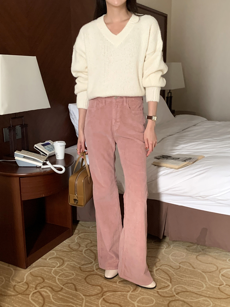 하이웨스트 코튼 스판 코듀로이 부츠컷팬츠 여성겨울바지 면 나팔바지 여자골덴팬츠 핑크 - 상세 이미지 2