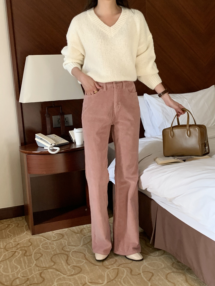 하이웨스트 코튼 스판 코듀로이 부츠컷팬츠 여성겨울바지 면 나팔바지 여자골덴팬츠 핑크 - 상세 이미지 3
