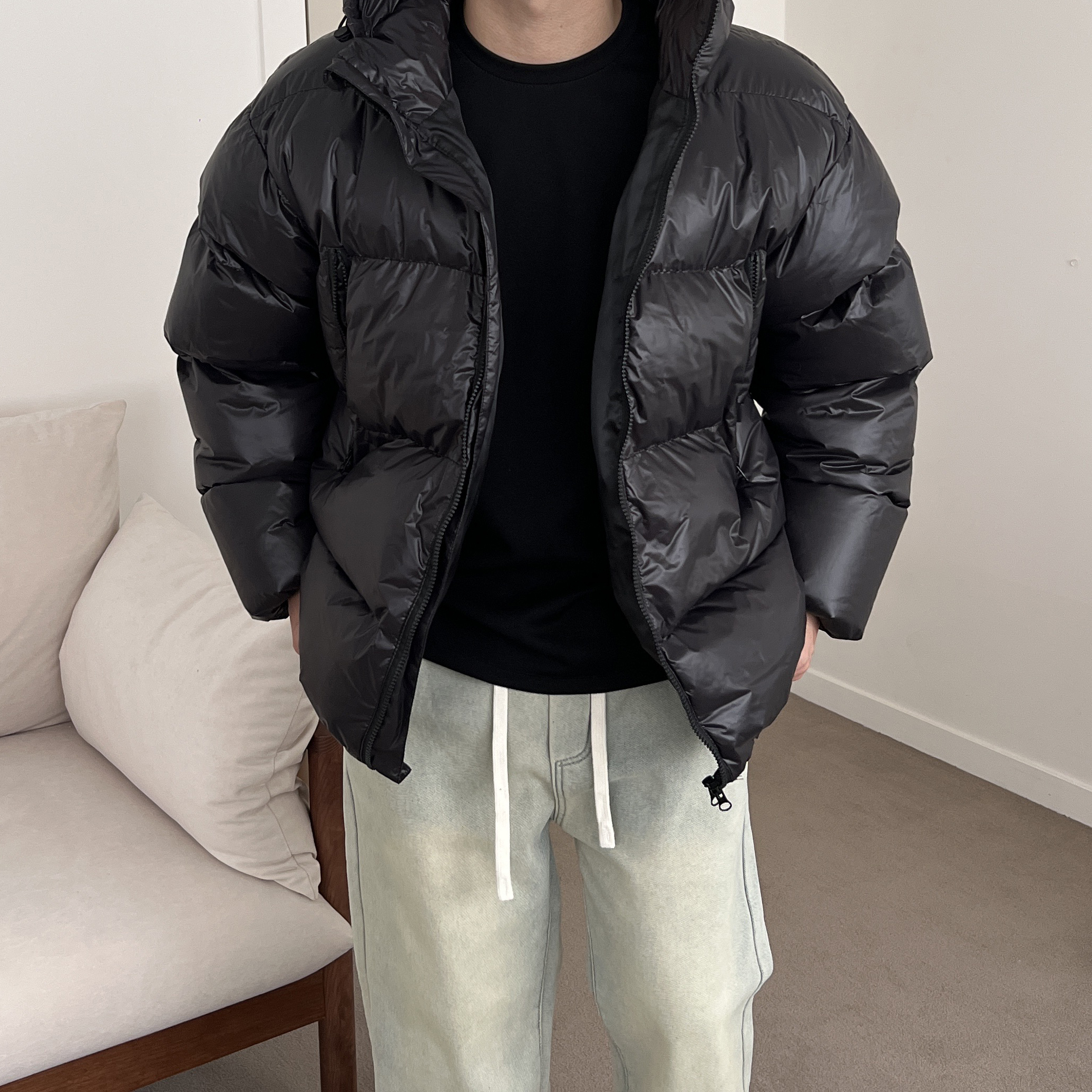 SET 크롭 유광 패딩 + 기모 와이드 청바지 이미지 4