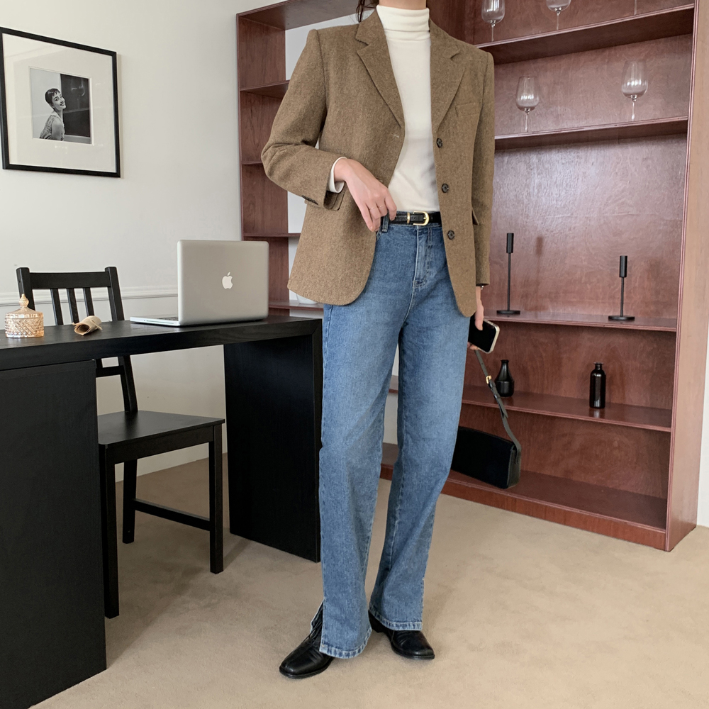 프리미엄 싱글 오버핏 테일러드 헤링본 재킷 여자 울자켓 블레이저 여성 가을 자켓 - 상세 이미지 3