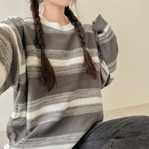 최저가🍂빠른출고🚚[2ver.]믹스 배색 루즈핏 빈티지 유니크 라운드 스트라이프 단가라 줄무늬 티셔츠 니트 단가라 니트 빈티지니트 이미지 3