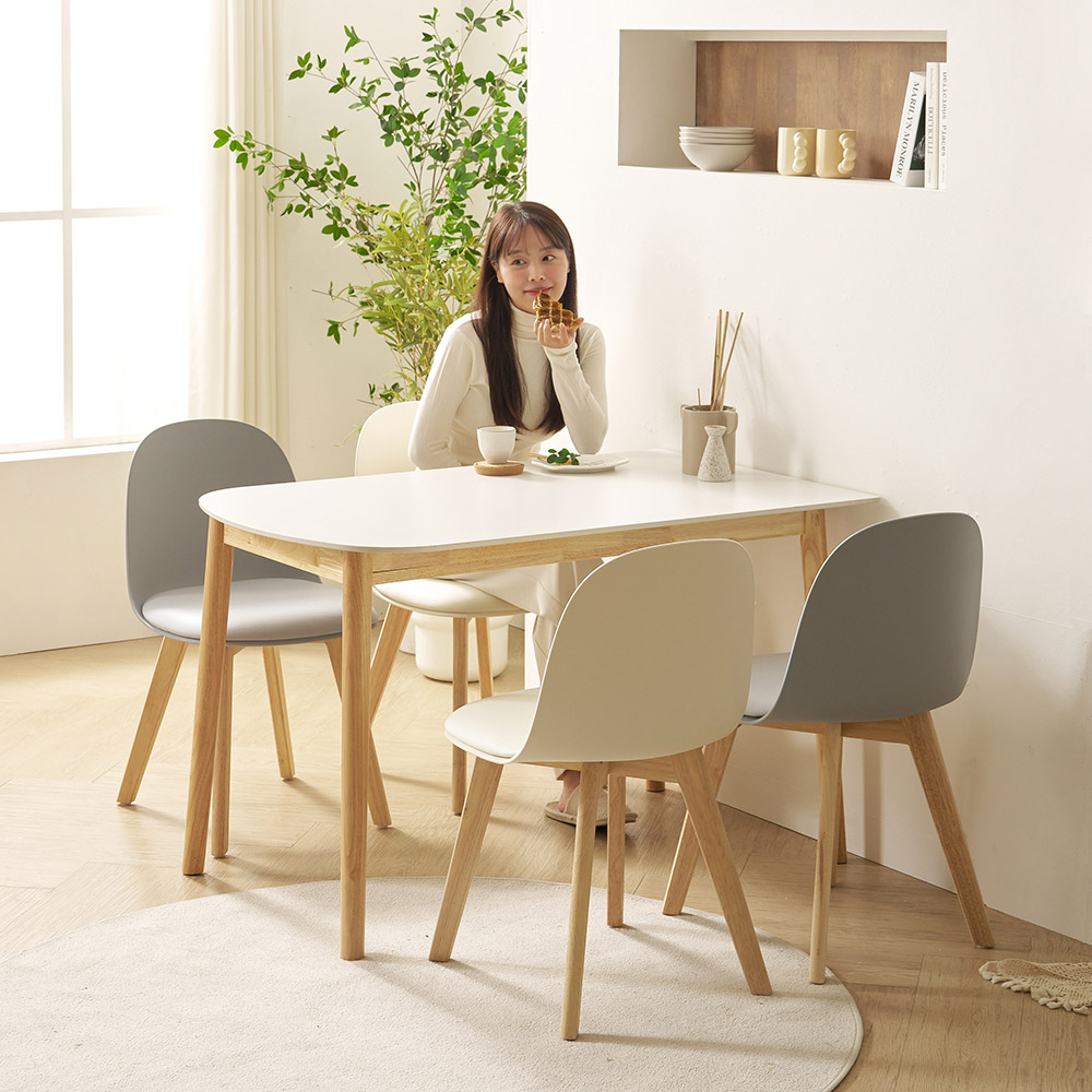 모울 고무나무 원목 반타원 포세린 세라믹 4인용 식탁 세트 1200 (의자4)