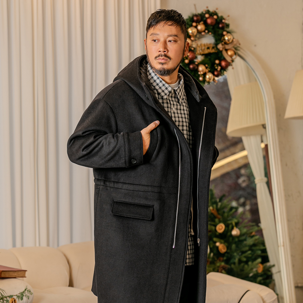 러기드하우스 : 램스 오버핏 후드 울 코트 블랙 : 4XR
