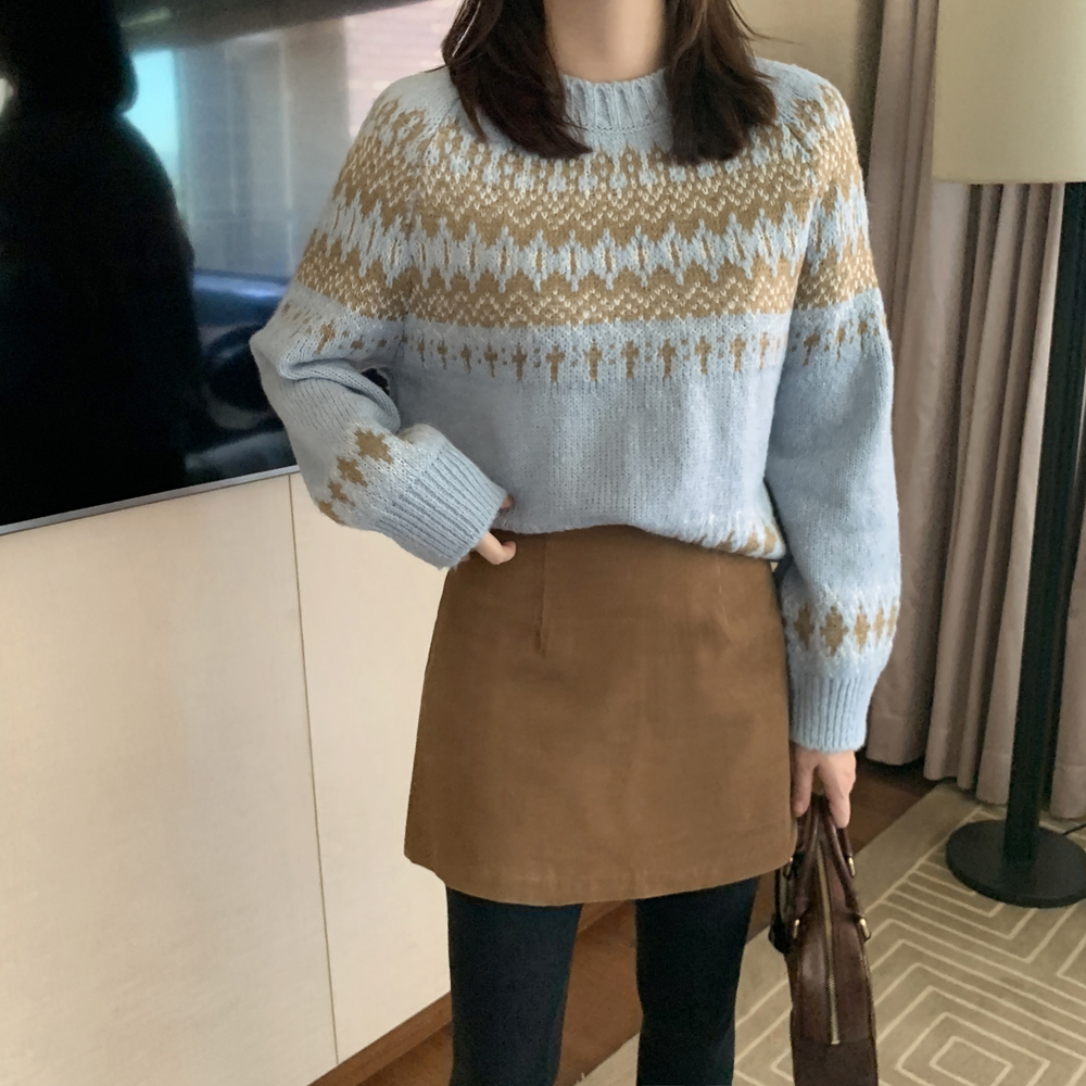 포근한 루즈핏 노르딕 니트 크리스마스 아가일 니트 겨울 여성니트티 스웨터 하늘색 소라색 상세 이미지 3