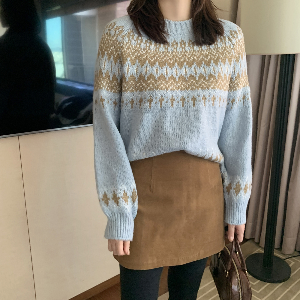 포근한 루즈핏 노르딕 니트 크리스마스 아가일 니트 겨울 여성니트티 스웨터 하늘색 소라색 상세 이미지 4