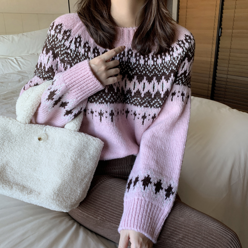 포근한 루즈핏 노르딕 니트 크리스마스 아가일 니트 겨울 여성니트티 스웨터 하늘색 소라색 대표 이미지