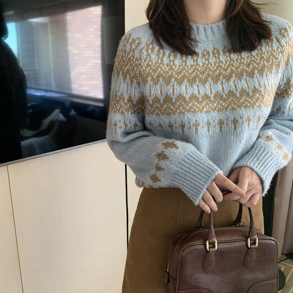 포근한 루즈핏 노르딕 니트 크리스마스 아가일 니트 겨울 여성니트티 스웨터 하늘색 소라색 상세 이미지 5