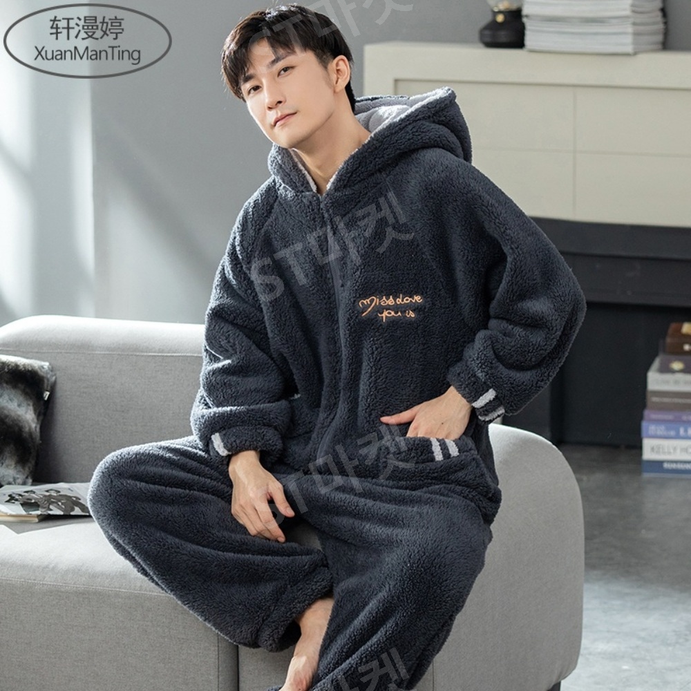 남성 수면잠옷 홈웨어 파자마 솜털 두툼 지퍼 루즈 일체형 벨벳 점프수트 잠옷 - 상세 이미지 4