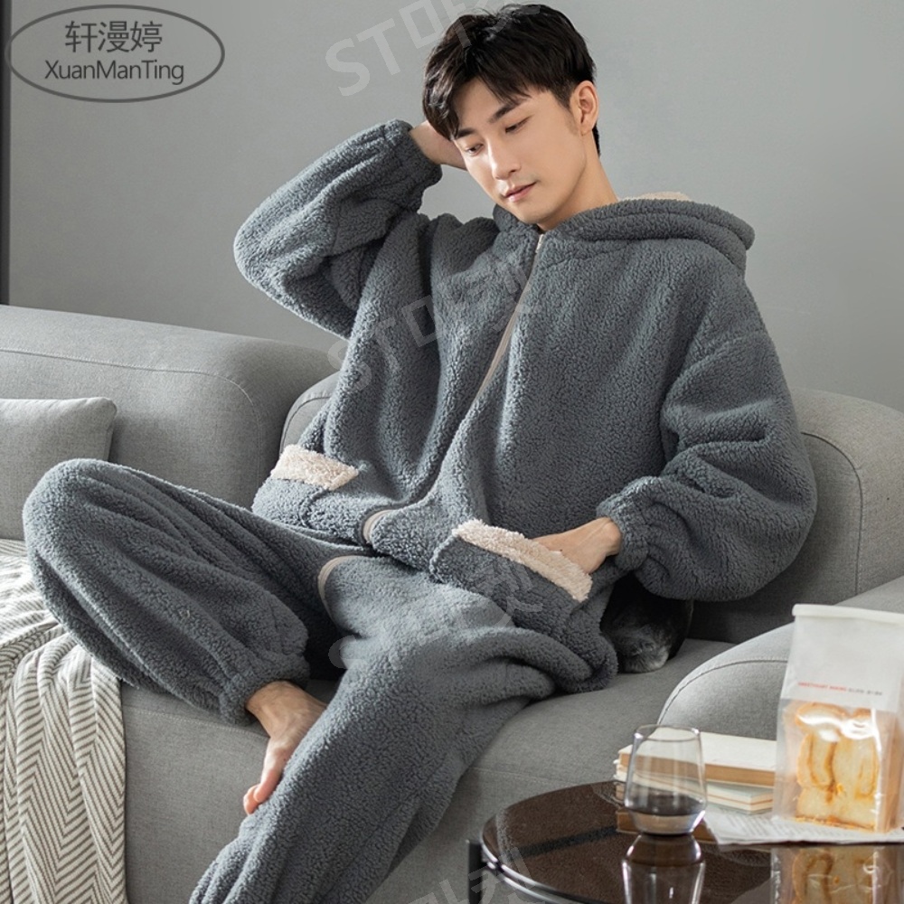 남성 수면잠옷 홈웨어 파자마 솜털 두툼 지퍼 루즈 일체형 벨벳 점프수트 잠옷 - 상세 이미지 5