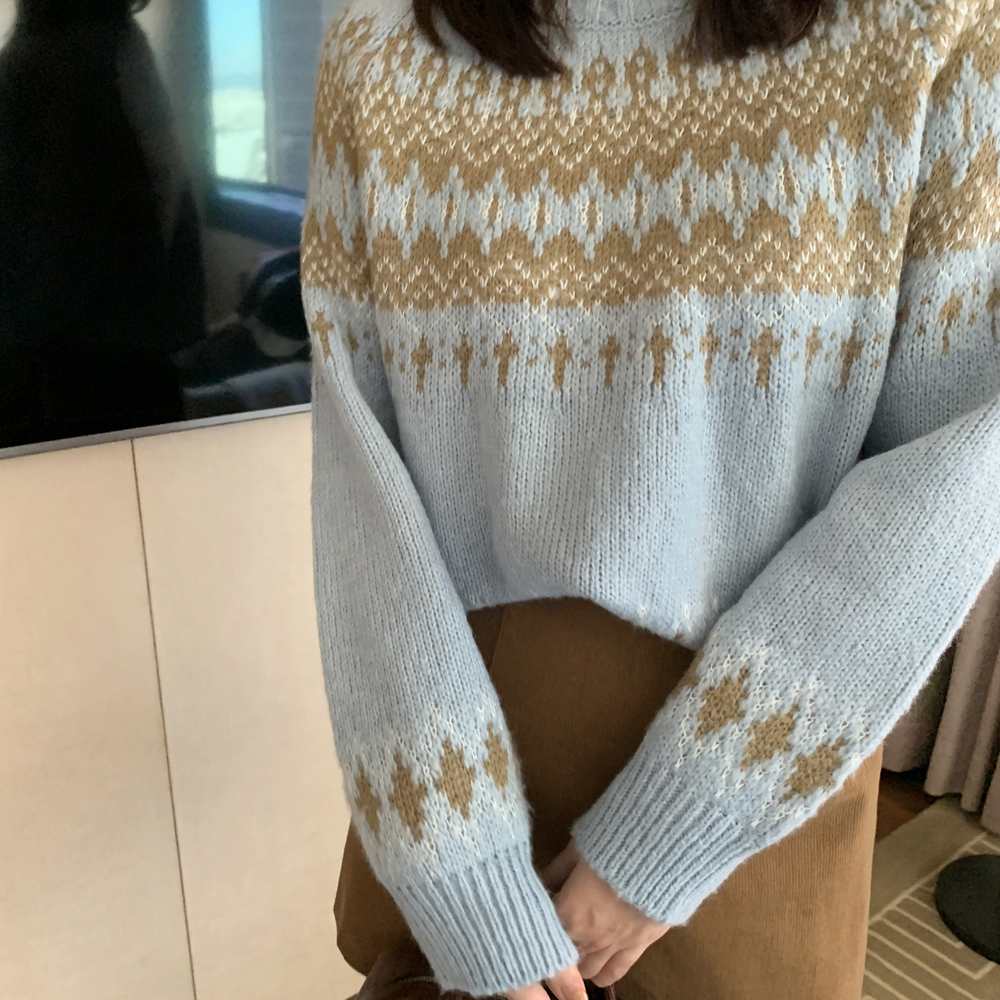 포근한 루즈핏 노르딕 니트 크리스마스 아가일 니트 겨울 여성니트티 스웨터 하늘색 소라색 상세 이미지 6