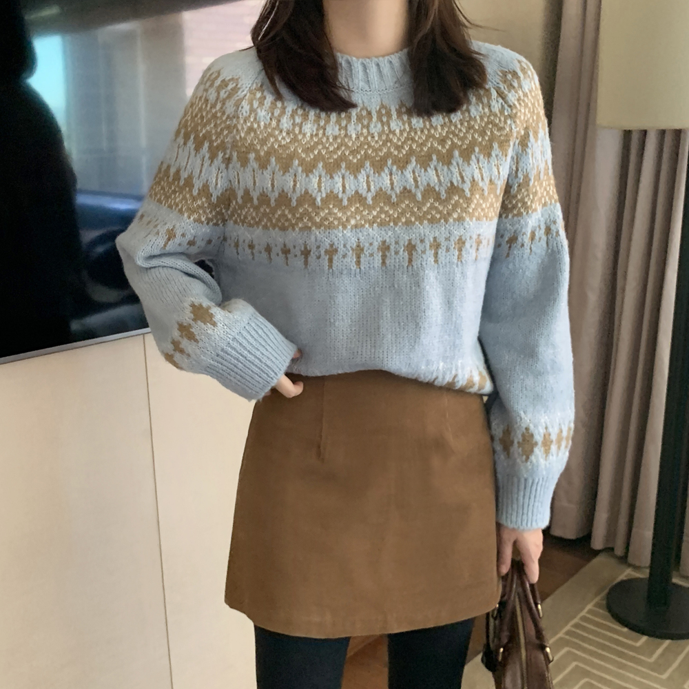 포근한 루즈핏 노르딕 니트 크리스마스 아가일 니트 겨울 여성니트티 스웨터 하늘색 소라색 상세 이미지 2