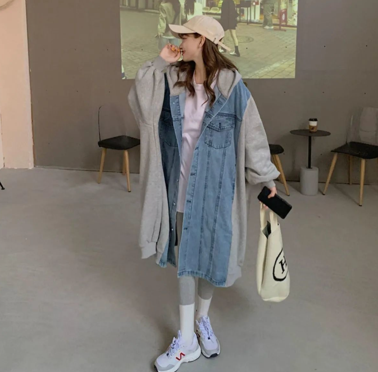 여성청자켓 배색 가을 겨울 야상 롱 간절기 오버핏 제품 이미지