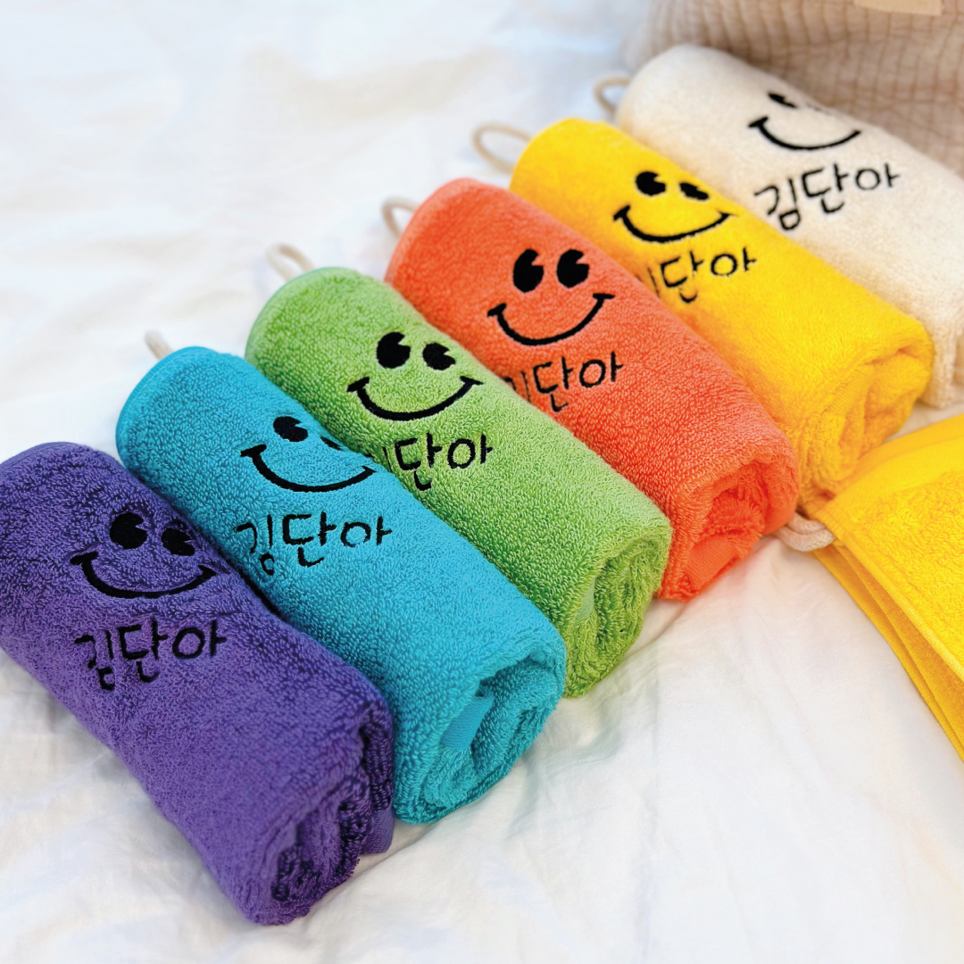 어린이집 컬러 무염색 고리수건 이름자수 핸드타월 유치원 준비물 캐릭터 밤나무모달 스마일 제품 이미지