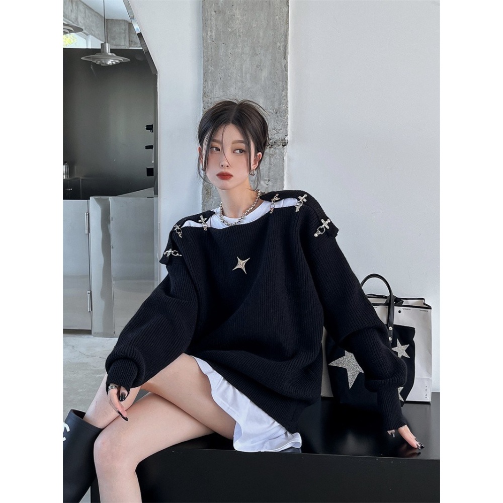 어깨트임니트 쇄골 트임 니트 골지 금속 버클 슬림 나는솔로 송해나 이미지 3