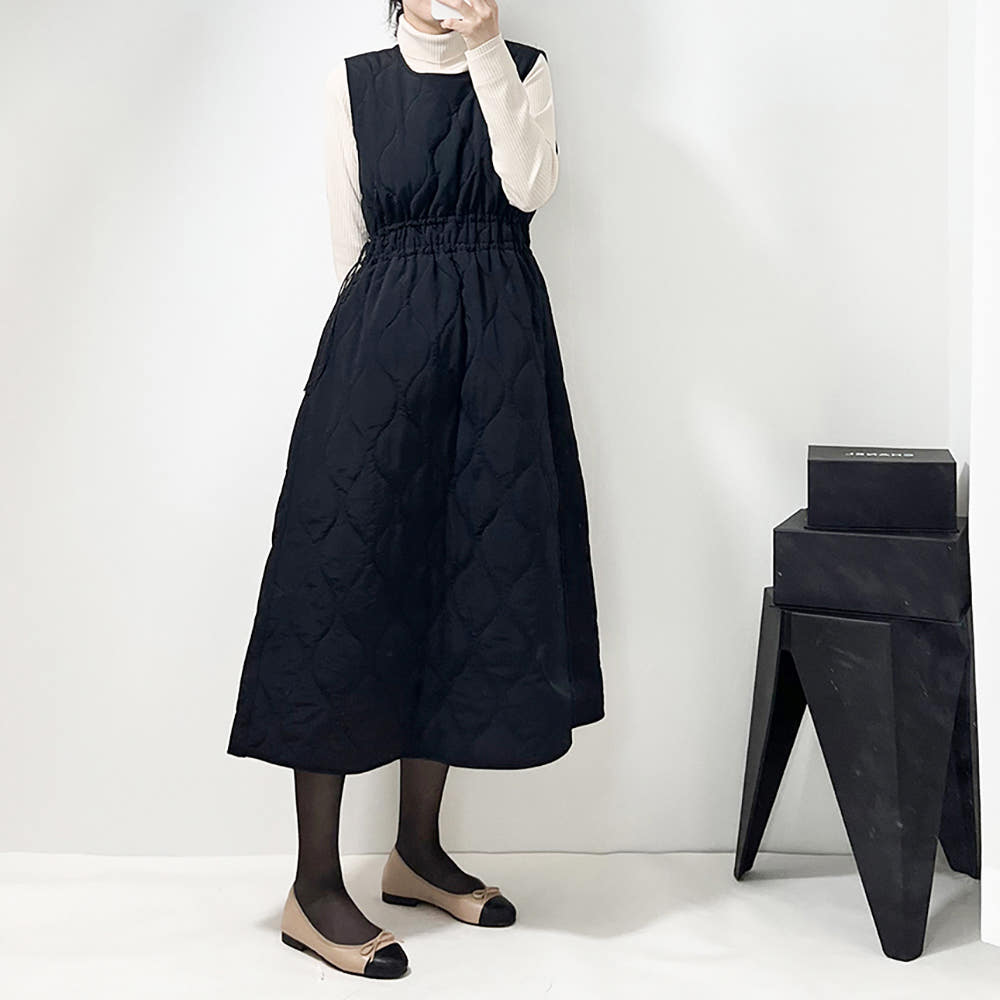 누빔 패딩 원피스 스트링 조끼 뷔스티에 퀼팅 누비 A라인 플레어 빅사이즈 겨울 롱 원피스 : 르와에