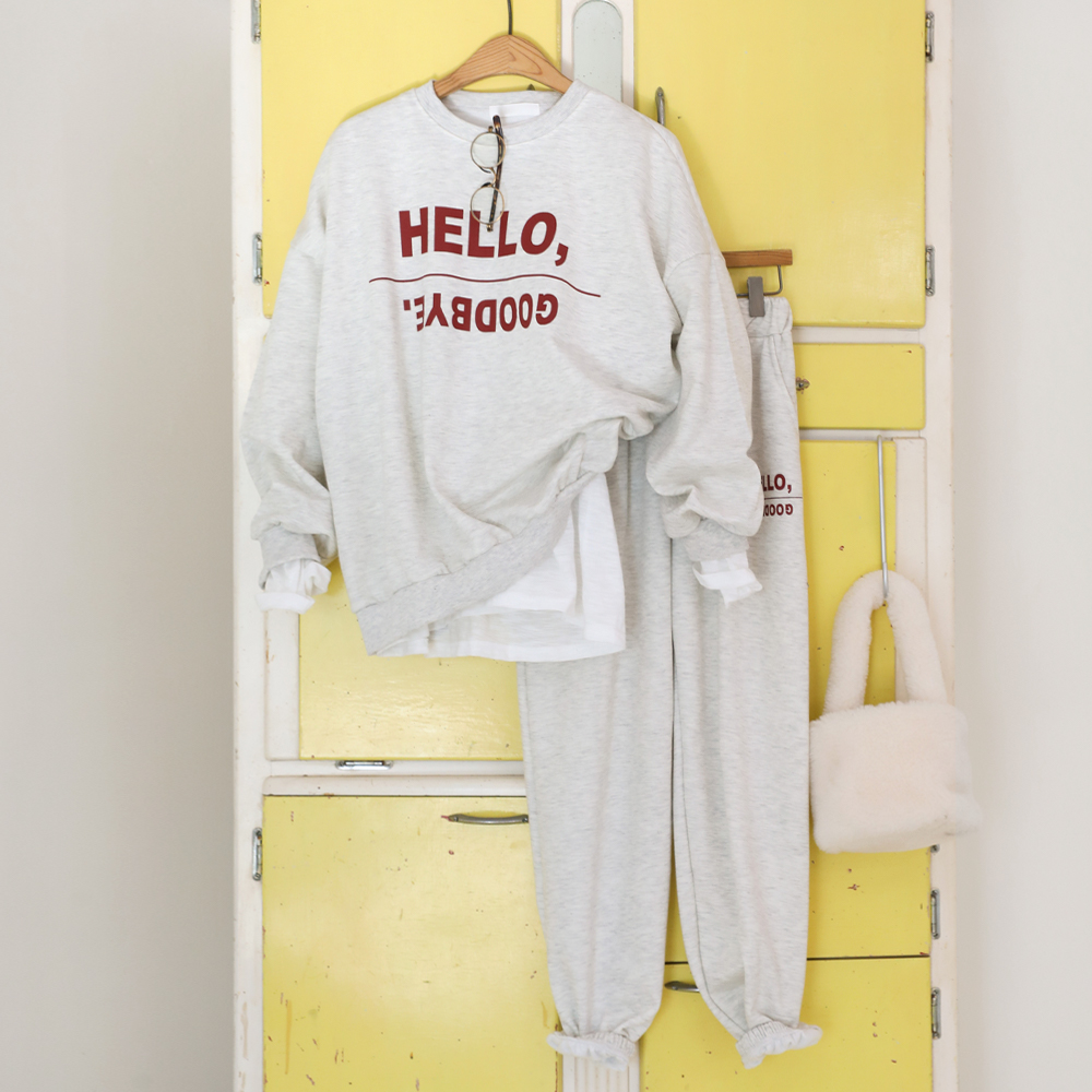 레터링 모노컬러 기모맨투맨 조거팬츠 세트 여자 츄리닝 루즈핏 운동복 상하의 이미지 4