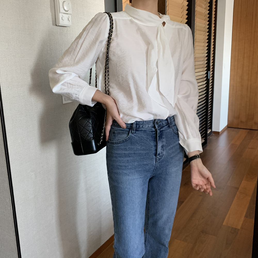 루즈픽 스카프 리본 타이 레이어드 여성 블라우스 벌룬 어깨 퍼프 블라우스 가을 블랙 이미지 4