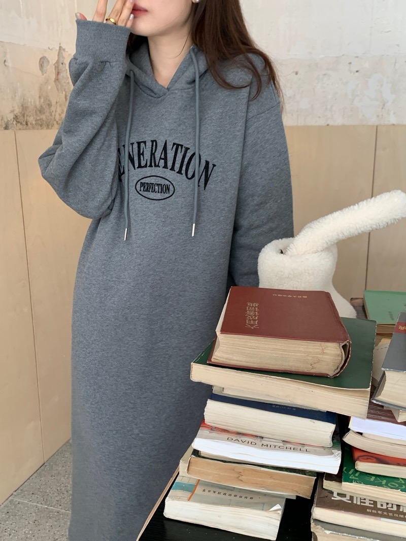 몰트 레터링 기모 후드 롱 원피스 루즈핏 이미지 2