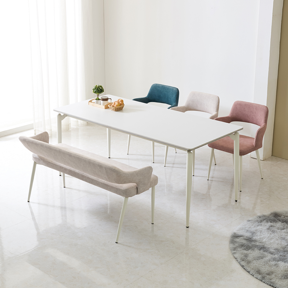 페라모 샤이 소리 없는 18T 양면 포세린 세라믹 식탁 6인 세트 (의자3개+벤치1개) 무광 무지 화이트