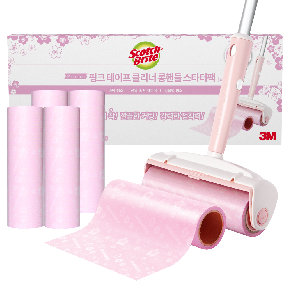3M 스카치브라이트 돌돌이 테이프클리너 롤크리너 대형 클린컷 체리블라썸 롱핸들 밀대 세트(롱핸들 1개+리필 5입)