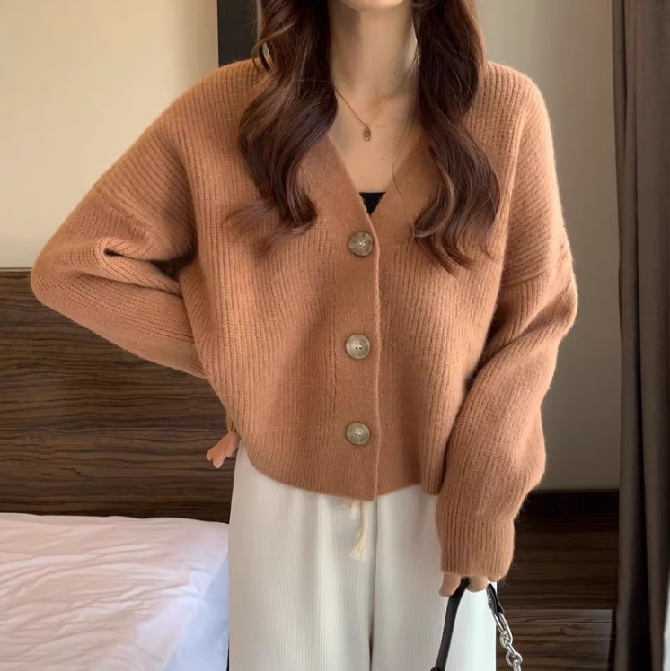 포니크랑 크롭 니트 가디건 그린 숏 빈티지 봄 가을 간절기 브이넥 가디건 3color 이미지 2