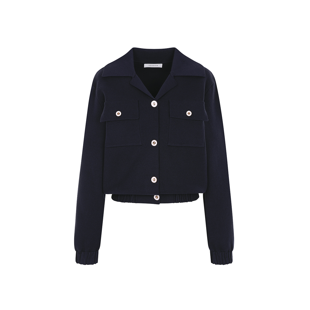 예시카 솔리드 오픈카라 밴딩 블루종 니트 가디건 YHCKC332