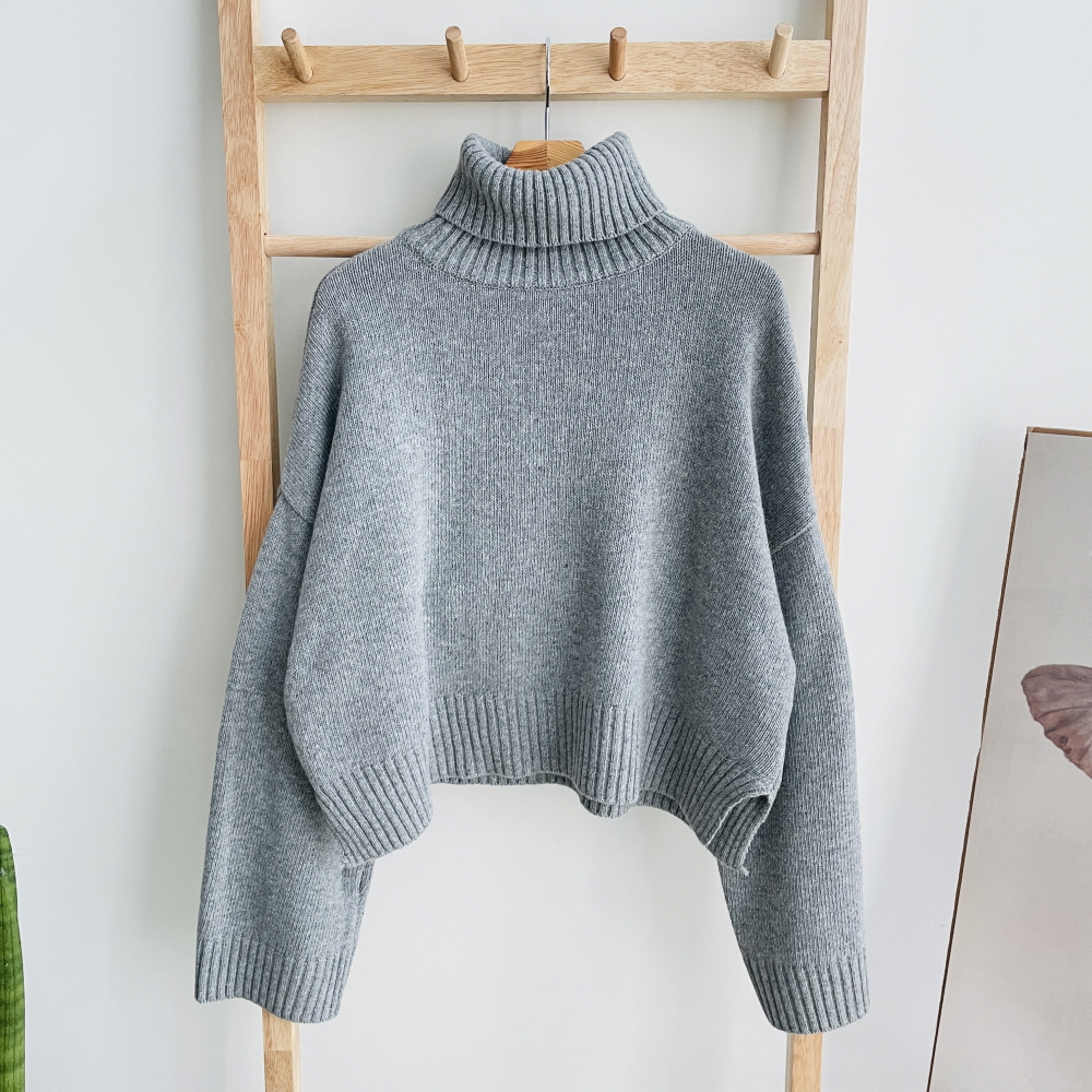 폴라니트 크롭 목폴라 터틀넥 루즈핏 여성 하이넥 니트 티 - 상세 이미지 5