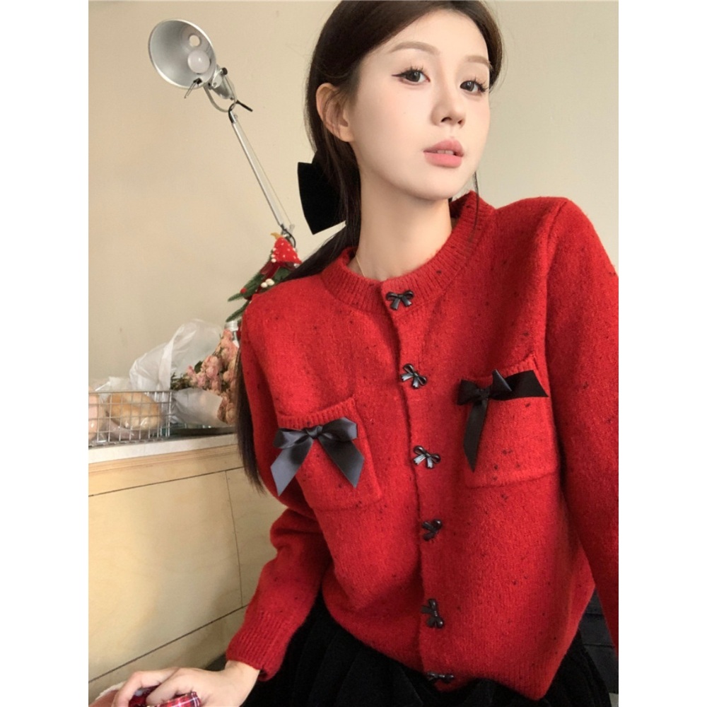 여성 빈티지 무드 리본 장식 단추 귀여운 예쁜 디자인 가디건 봄 가을 데일리 데이트 3컬러 - 상세 이미지 5