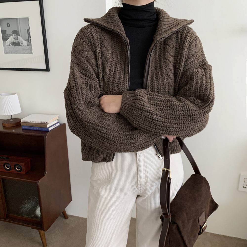 부드러운 오버핏 하이넥 케이블 꽈배기가디건 여자 가디건 여성 니트 집업 가디건 가을 겨울